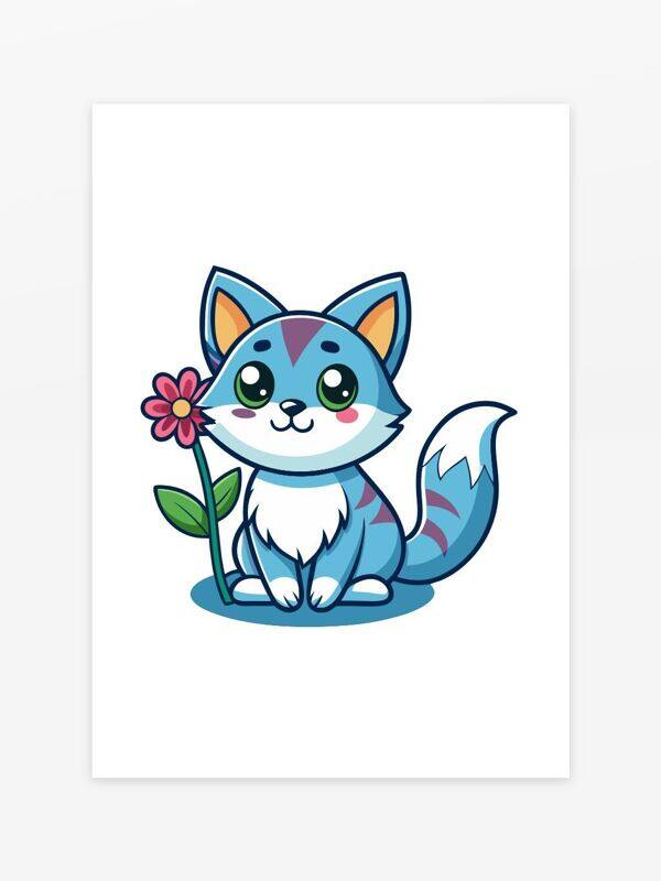 卡通創(chuàng)意可愛藍色小花貓兒童插畫