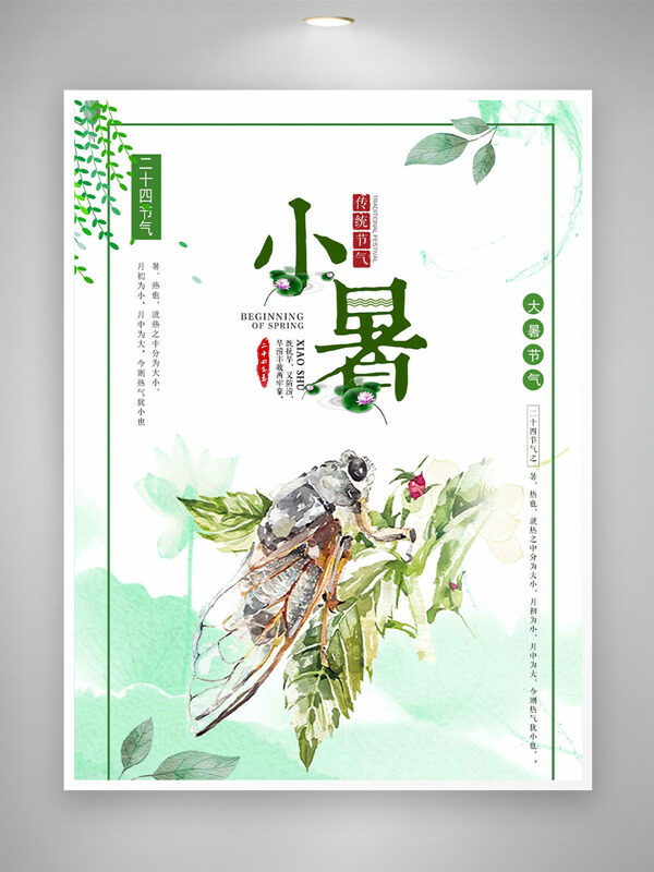 傳統小暑節(jié)氣水彩風手繪夏蟬插畫