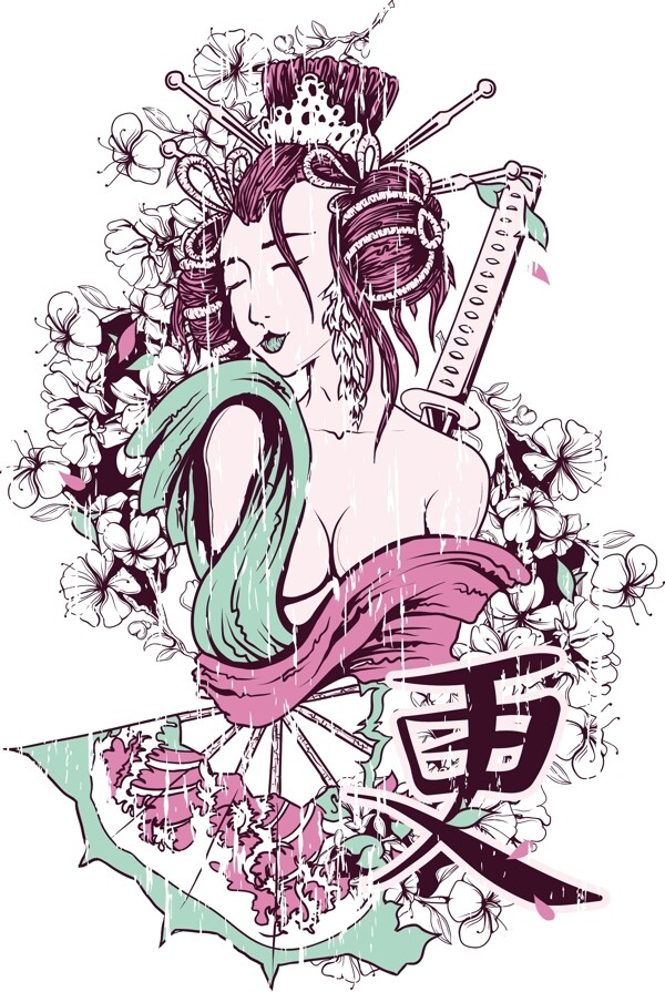日本女人艺妓T恤图案设计