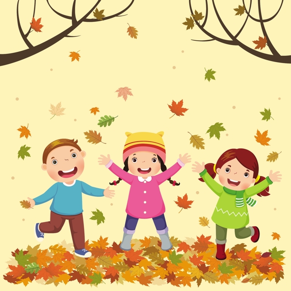 秋季满地的彩色落叶和开心的孩子