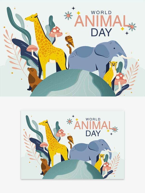 世界動物日主題卡通手繪動物和諧共處插畫