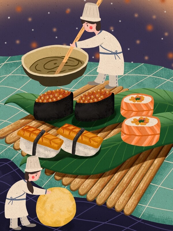 美食制作寿司店美味寿司场景插画
