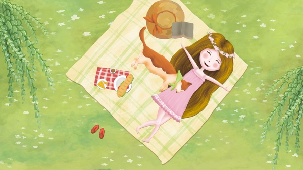 原创插画女孩与猫咪的野餐