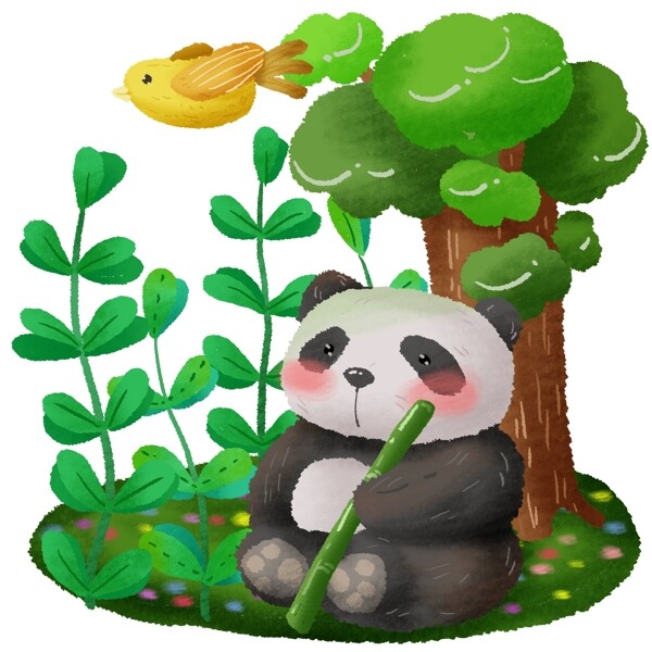 手绘可爱动物大熊猫森林小鸟