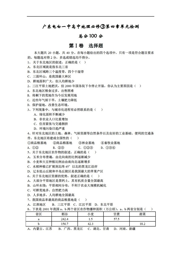 地理人教版高中必修第四章單元檢測