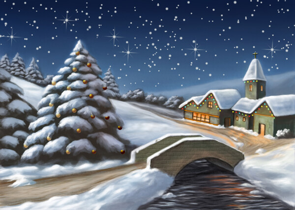 郊外小屋雪景插画图片