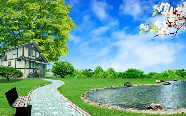 湖邊的草地和別墅圖片