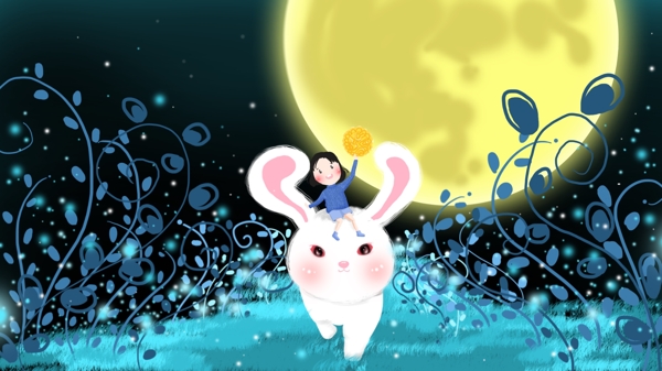 中秋节兔兔女孩插画
