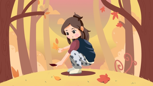 原创卡通插画捡树叶的小女孩