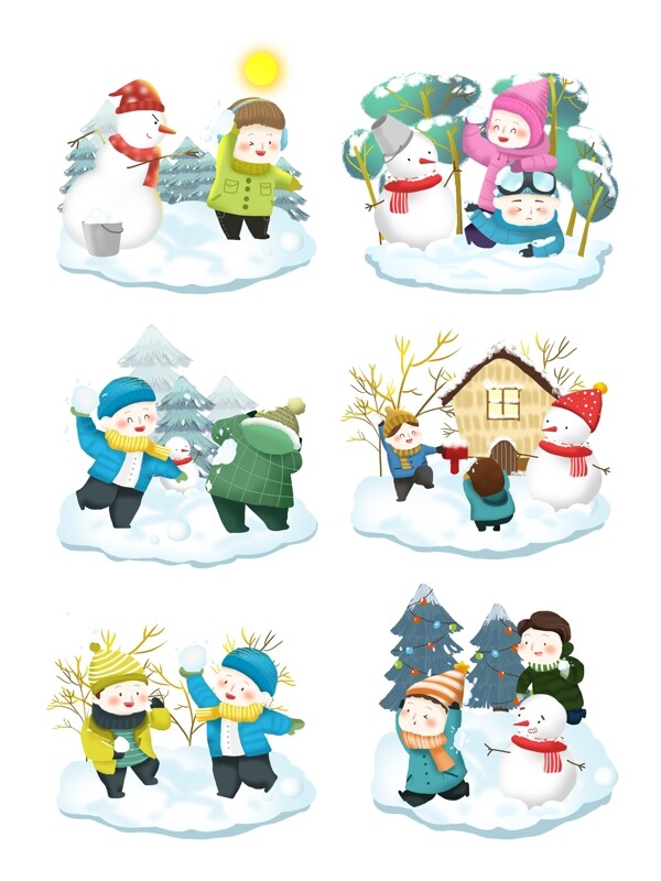 冬季打雪仗卡通儿童可商用场景插画合集