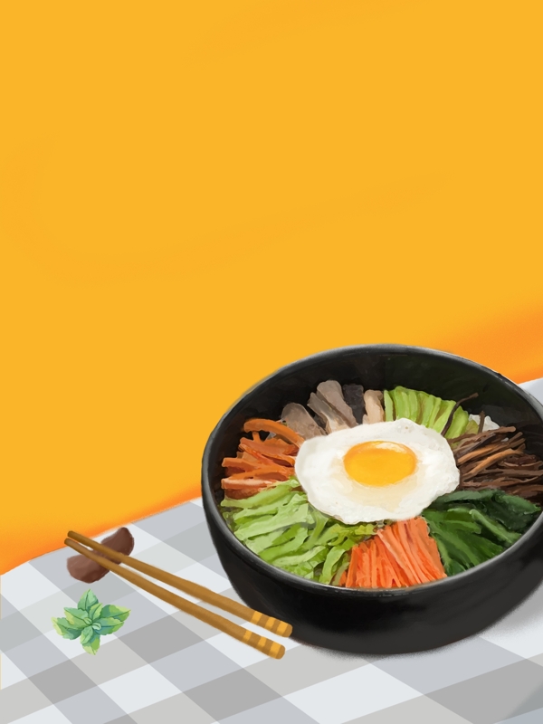 卡通黄色韩国美食石锅拌饭背景