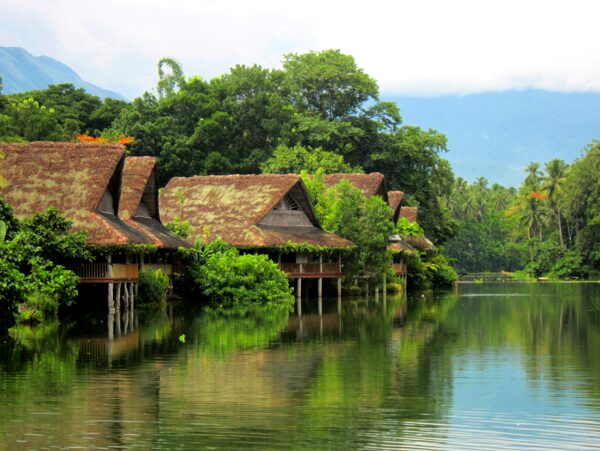 热带森林河流旁边民房图片