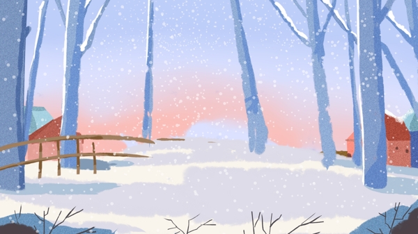 手绘风冬天雪地树林背景