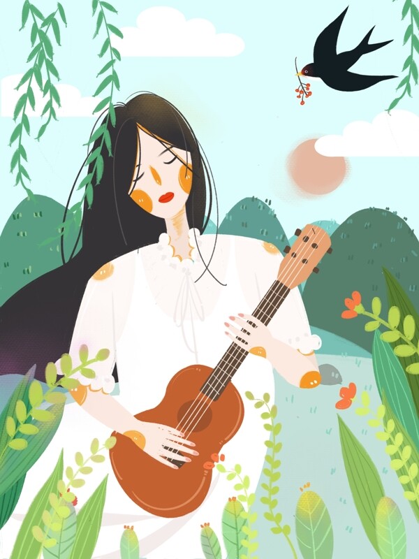 绿色小清新二十四节气春分弹吉他的女孩插画