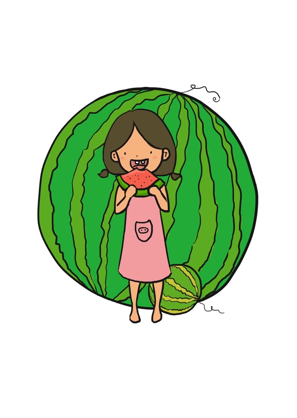小女孩站在大西瓜前面吃西瓜