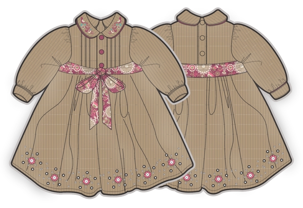 咖啡色连衣裙小女孩服装设计秋冬彩色原稿