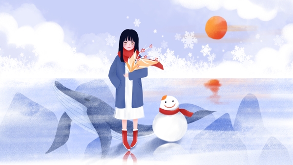 小雪唯美捧花女孩和雪人