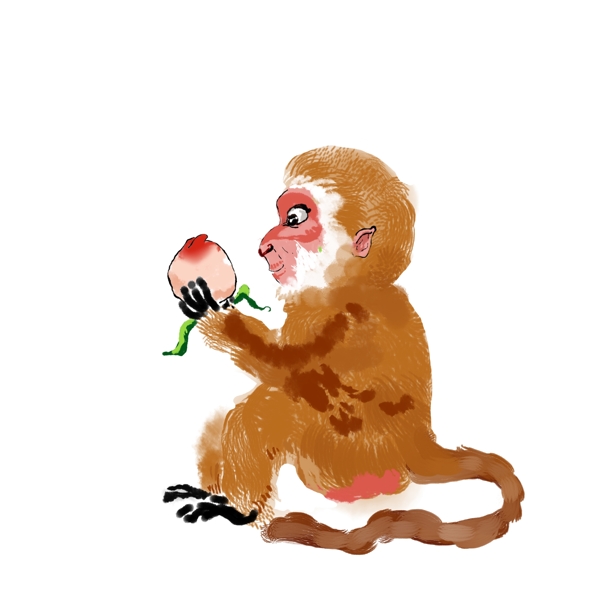猴子吃桃手绘中国风水墨系列二
