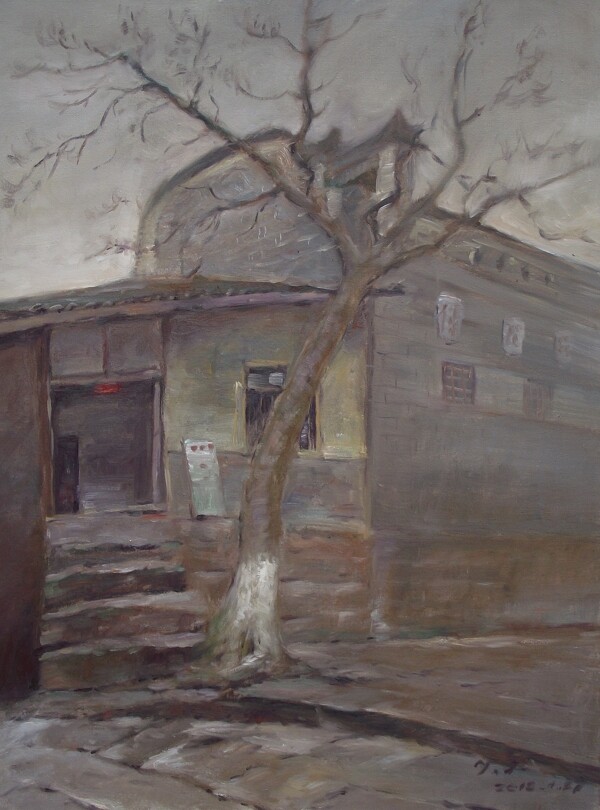 枯木与屋油画图片