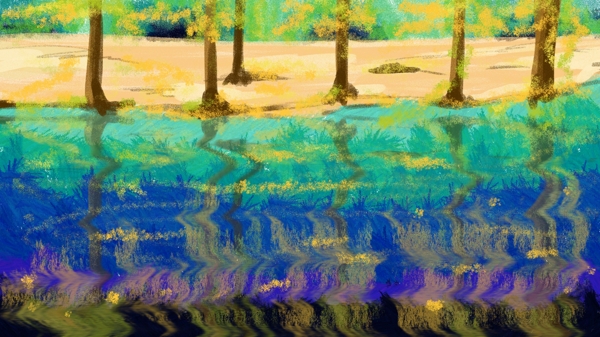 秋分森林插画插图二十四节气湖水倒影插画