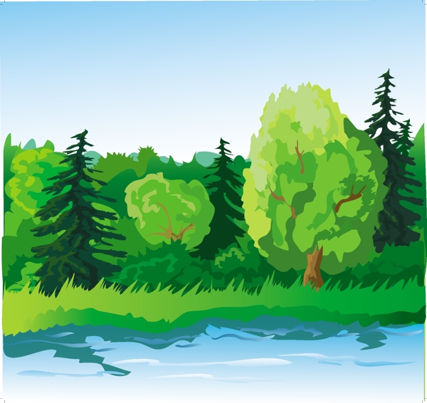 卡通绿树湖水图片