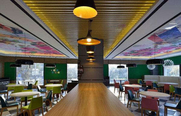 现代时尚绿色背景墙餐厅工装装修效果图