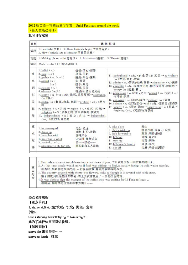 高考专区英语版英语学案Unit1Festivalsaroundtheworld