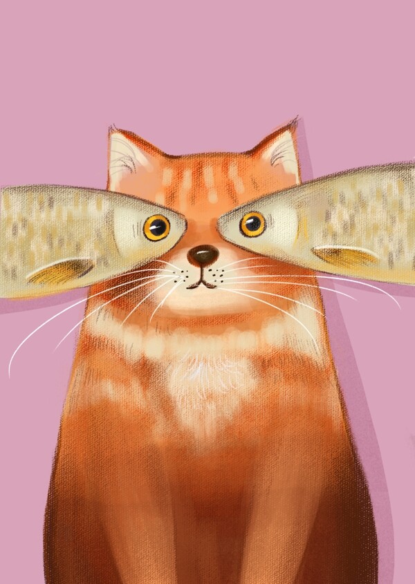 卡通可爱动物宠物猫与鱼创意手绘清新插画