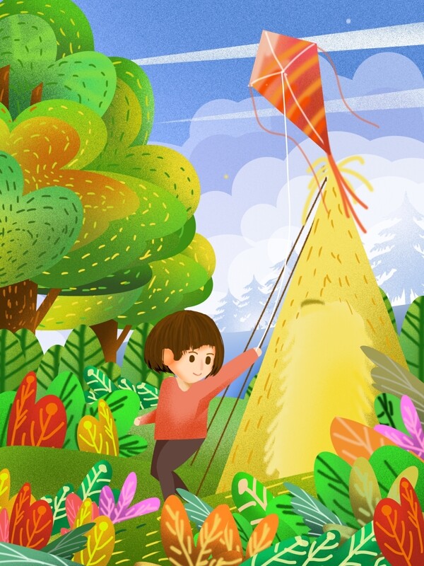 春天儿童在野外搭帐篷放风筝小清新插画