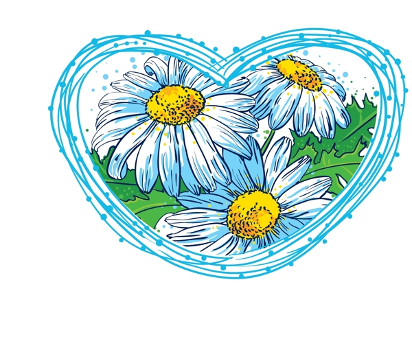 手绘蓝色花朵心形元素