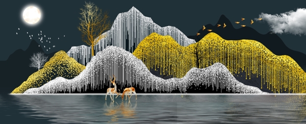 新中式金色线条山水麋鹿装饰画