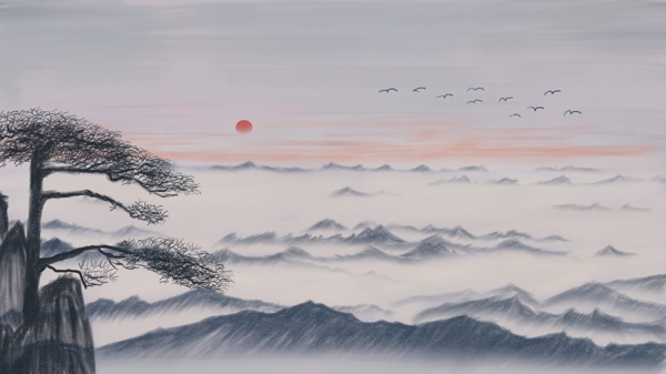 手绘中国风山水墨画黄山迎客松旅行传统海报