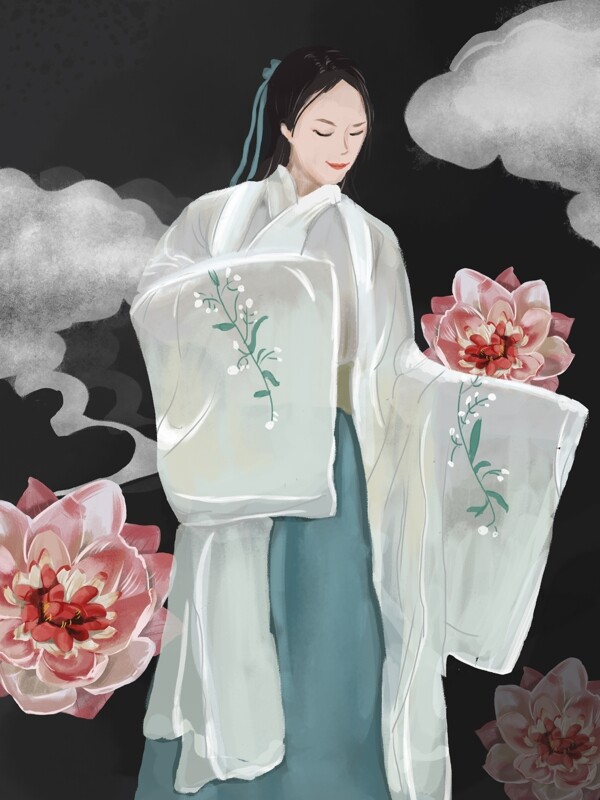 中国风水彩女孩穿裙子意境插画