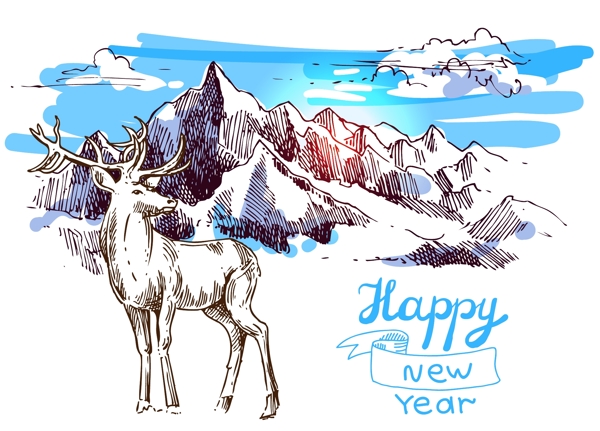 手绘雪山下的驯鹿插画
