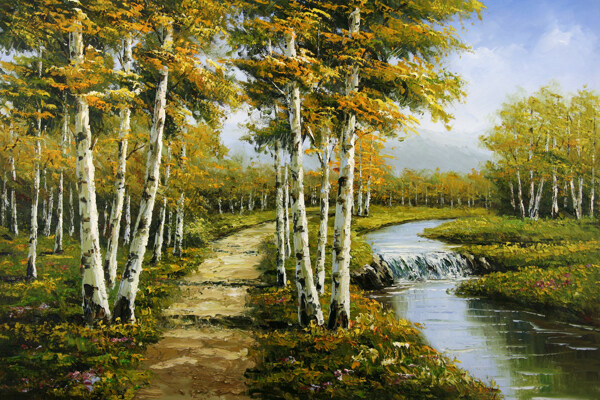 树林景色油画图片