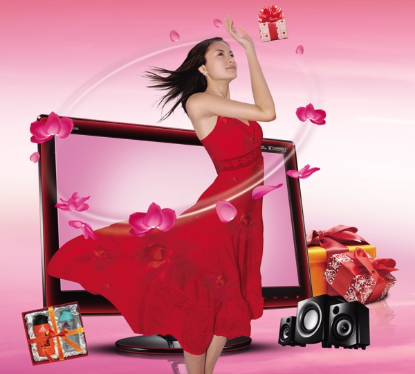 数码广告数码广告美女显示器礼品粉红大气音箱PSD分层素材源文件库300DPIPSD