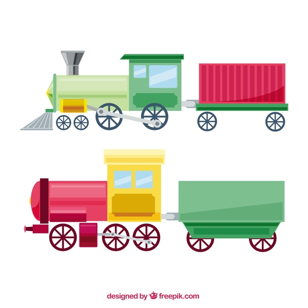 四个扁平风格玩具机车与货车插图