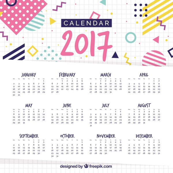 孟菲斯风格的2017日历模板