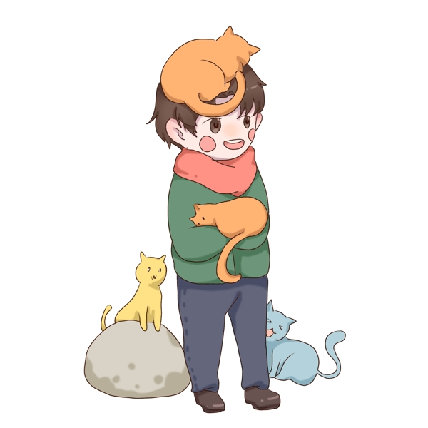 手绘卡通可爱抱着动物的男孩