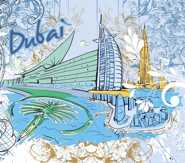 迪拜涂鸦矢量插画