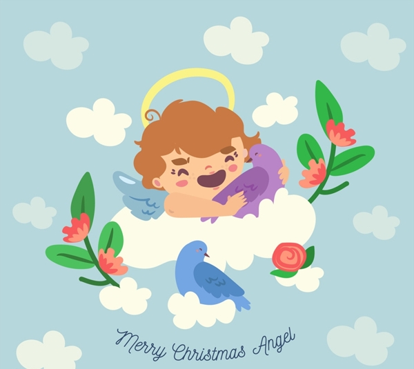 可爱云上的圣诞天使和鸟
