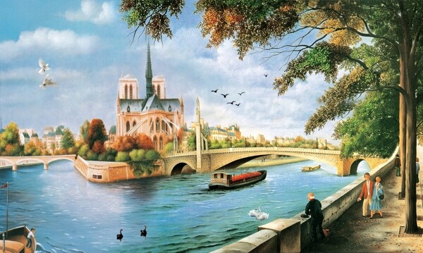 油画风景河畔图片