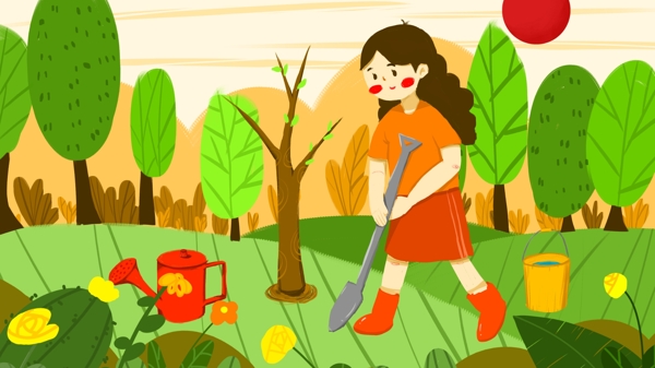 小清新插画保护环境人人有责草地种树