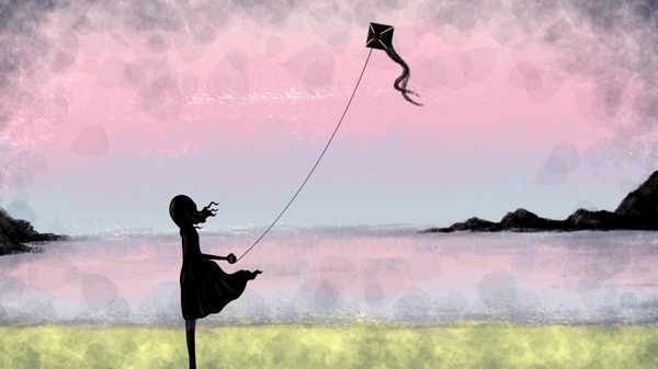 手绘治愈系放风筝的女孩插画