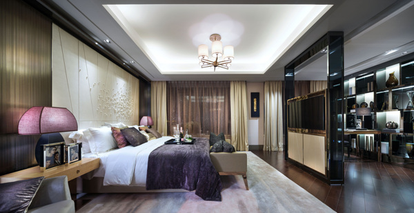 现代时尚卧室粉紫色台灯室内装修效果图