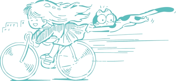 骑自行车的小女孩和猫
