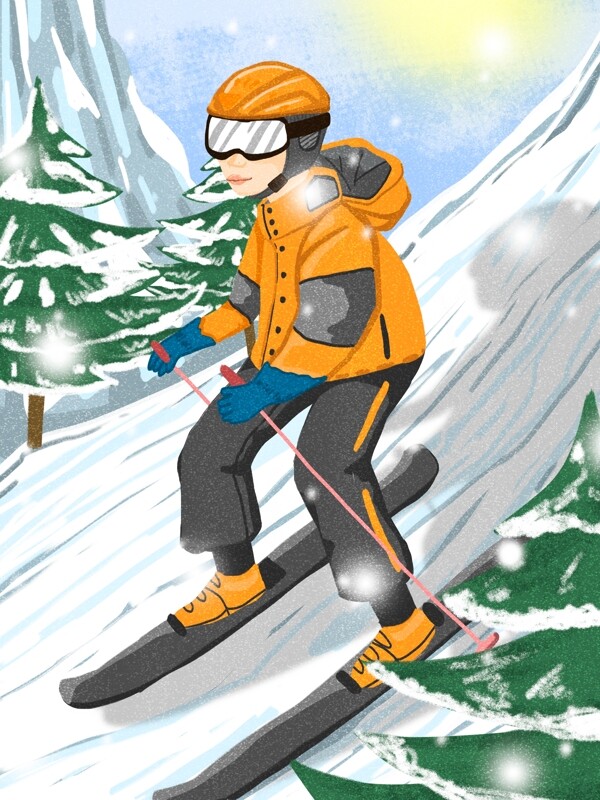 滑雪冬季雪山滑雪的男生
