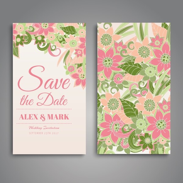 粉红鲜花装饰图案婚礼卡设计