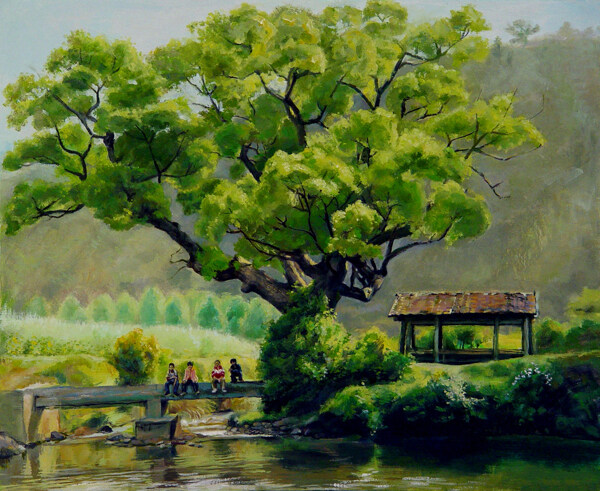 树木小桥风景油画写生图片