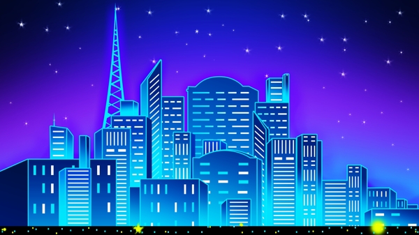 原创手绘插画霓虹天际插画趋势夜晚的城市
